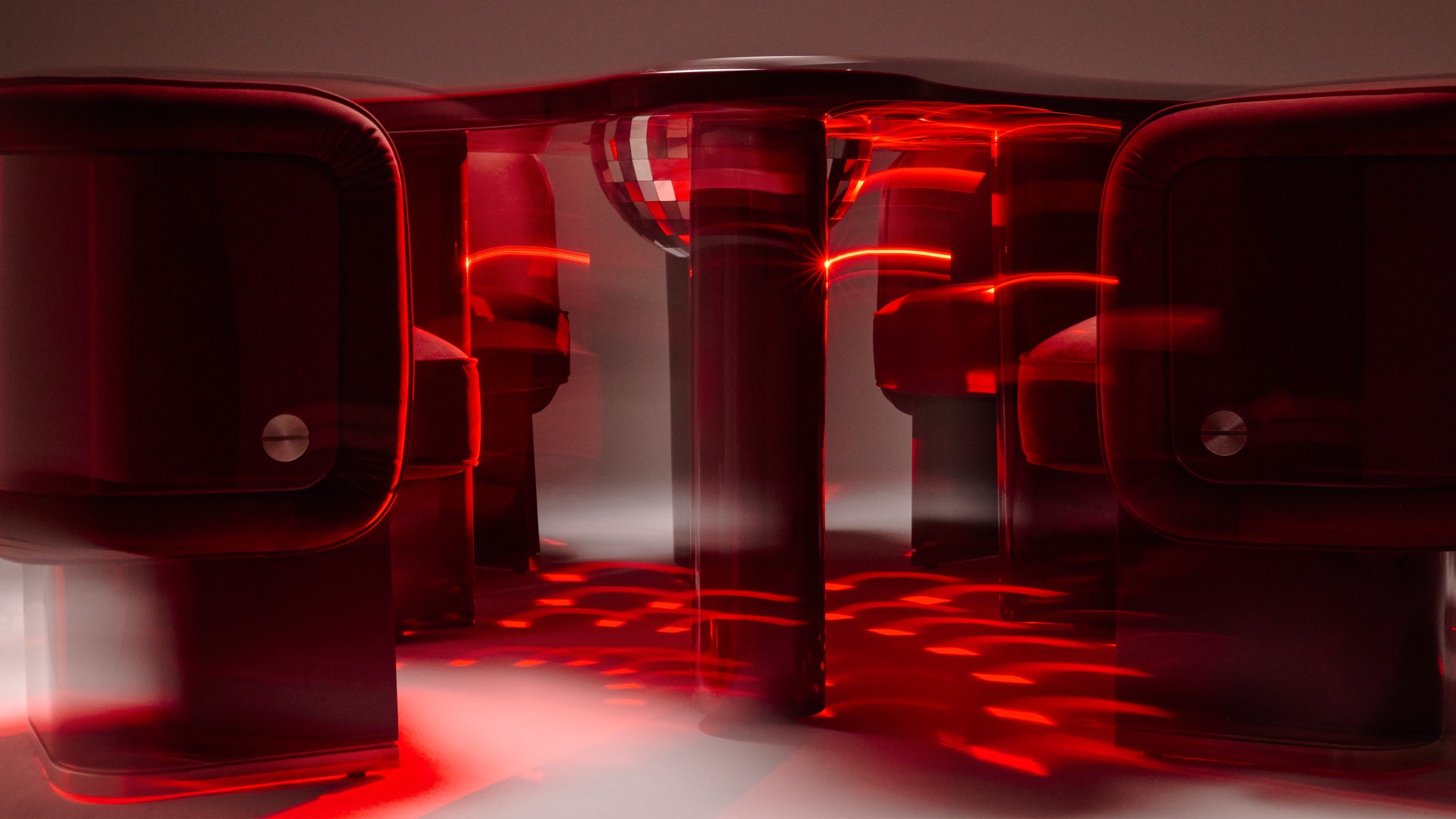 Disco House dining table and chairs in red light, Uslu Design Studio