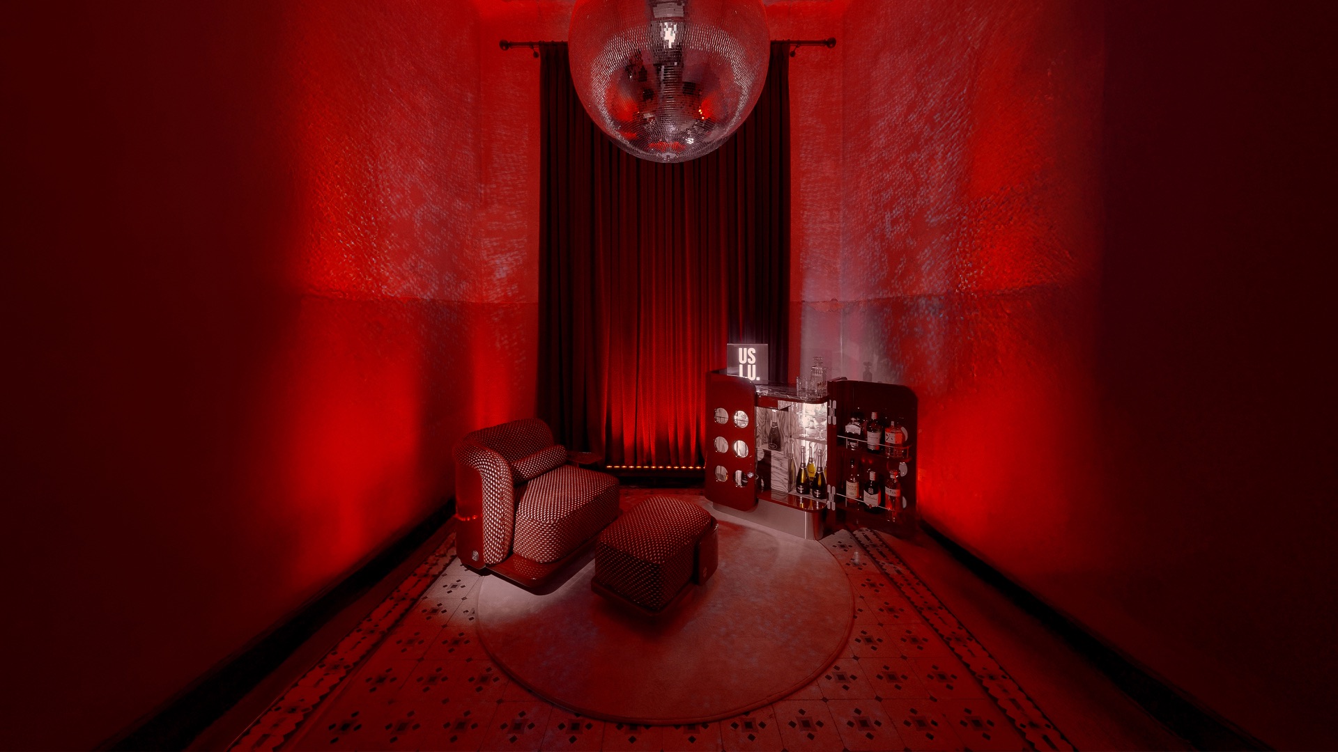 The Laidback Lounge Chair and The Cuban Bar Cabinet in the Disco House installation at Alcova, Milan Design Week 2026
