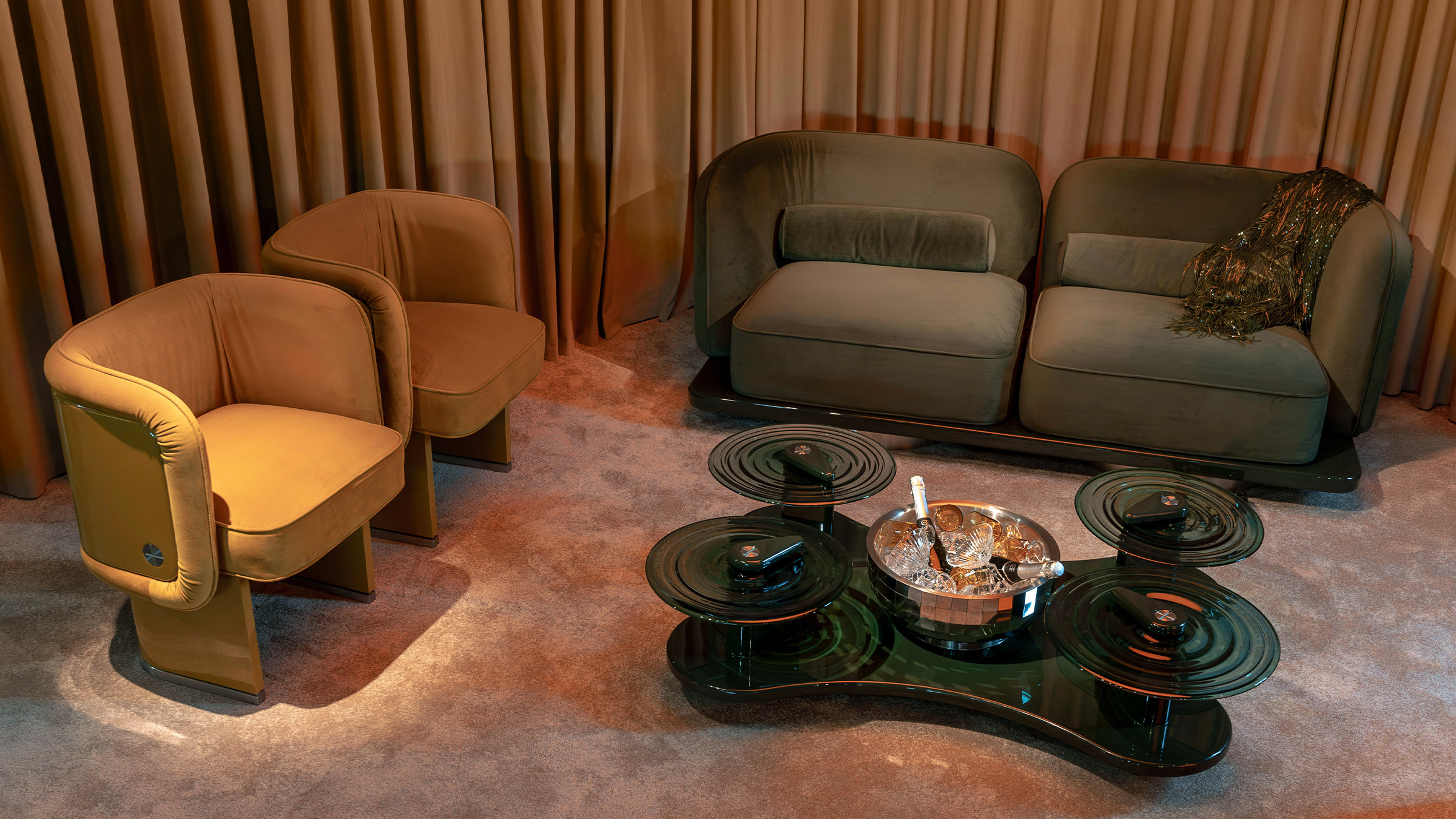 The Bubbly Coffee Table with The Whisper Two-Seater Sofa and The Unifier Dining Chair and Armchair at SaloneSatellite 2026