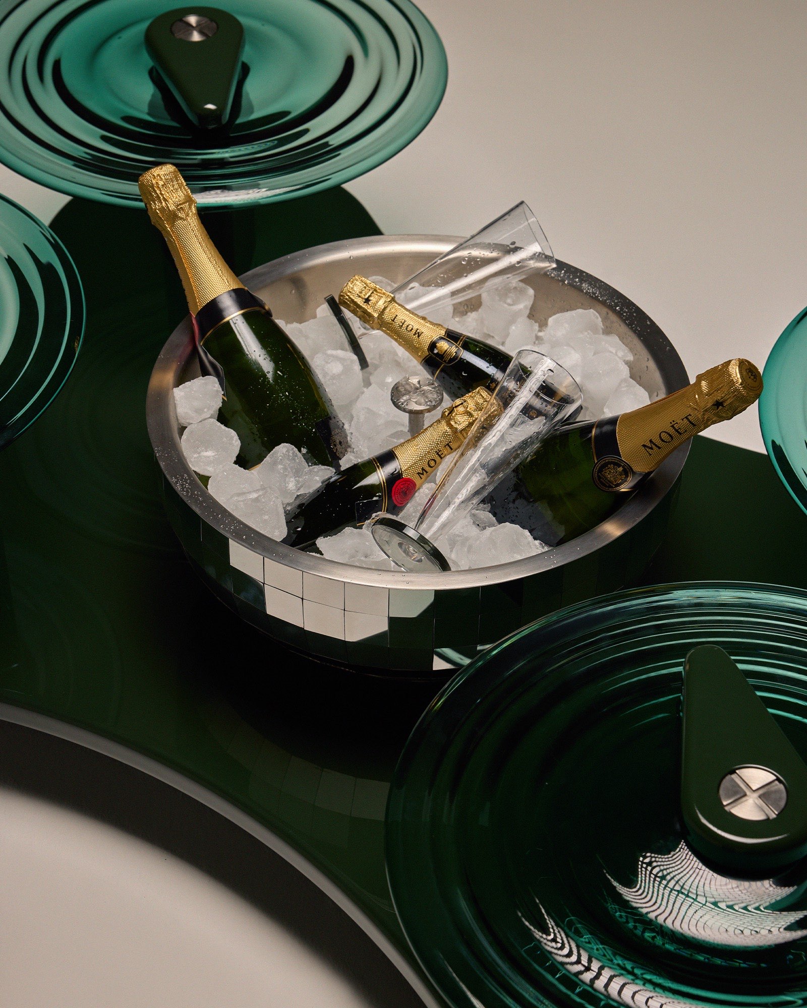 The Bubbly Coffee Table, stainless steel ice bucket with champagne