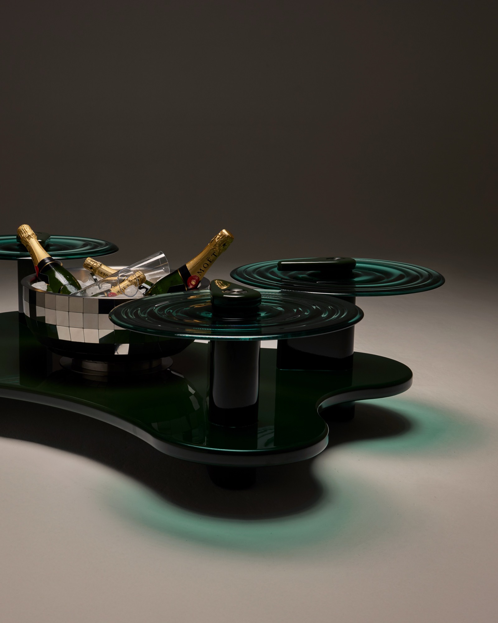 The Bubbly Coffee Table, side view with ice bucket