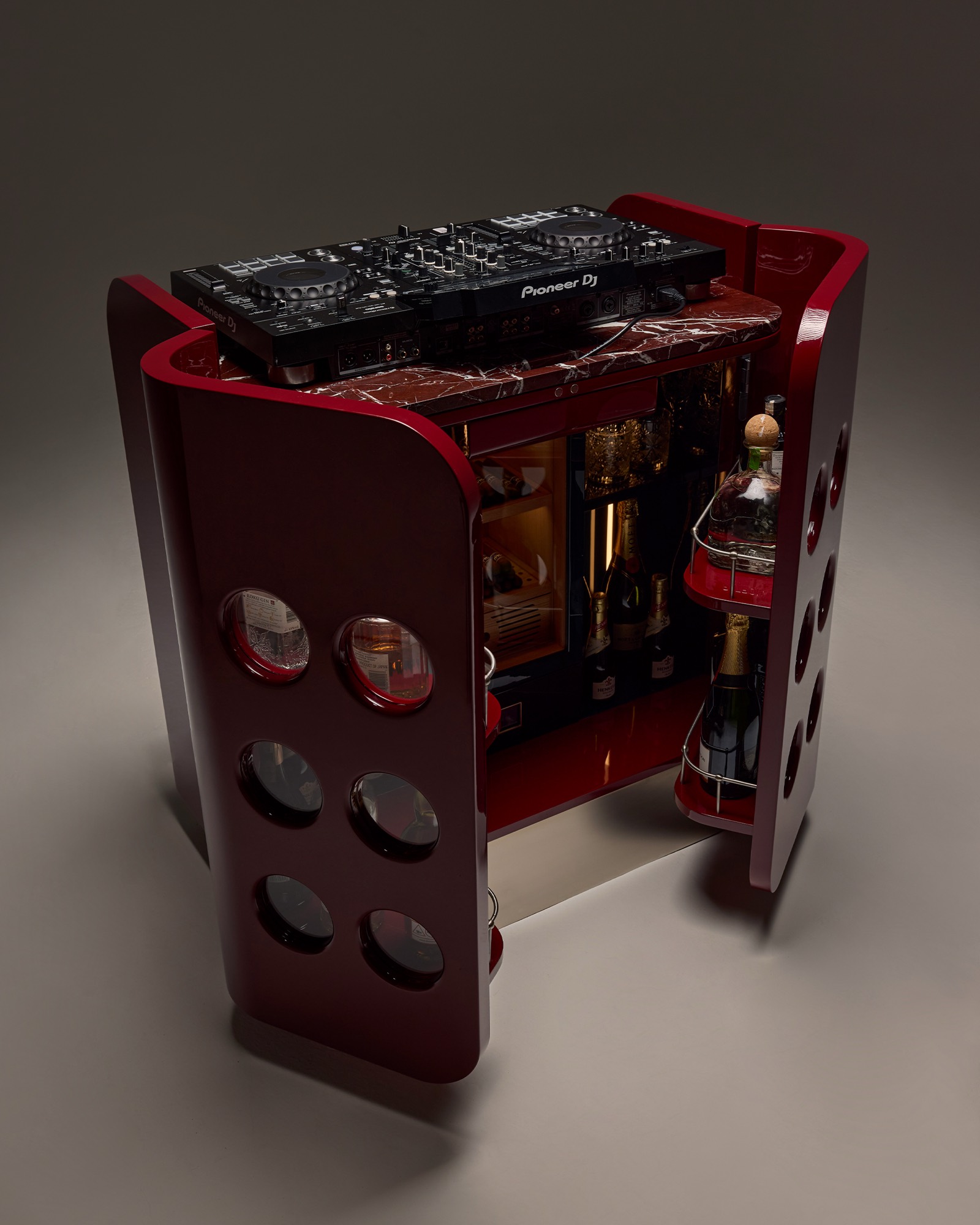 The Cuban Bar Cabinet, three quarter view with DJ booth