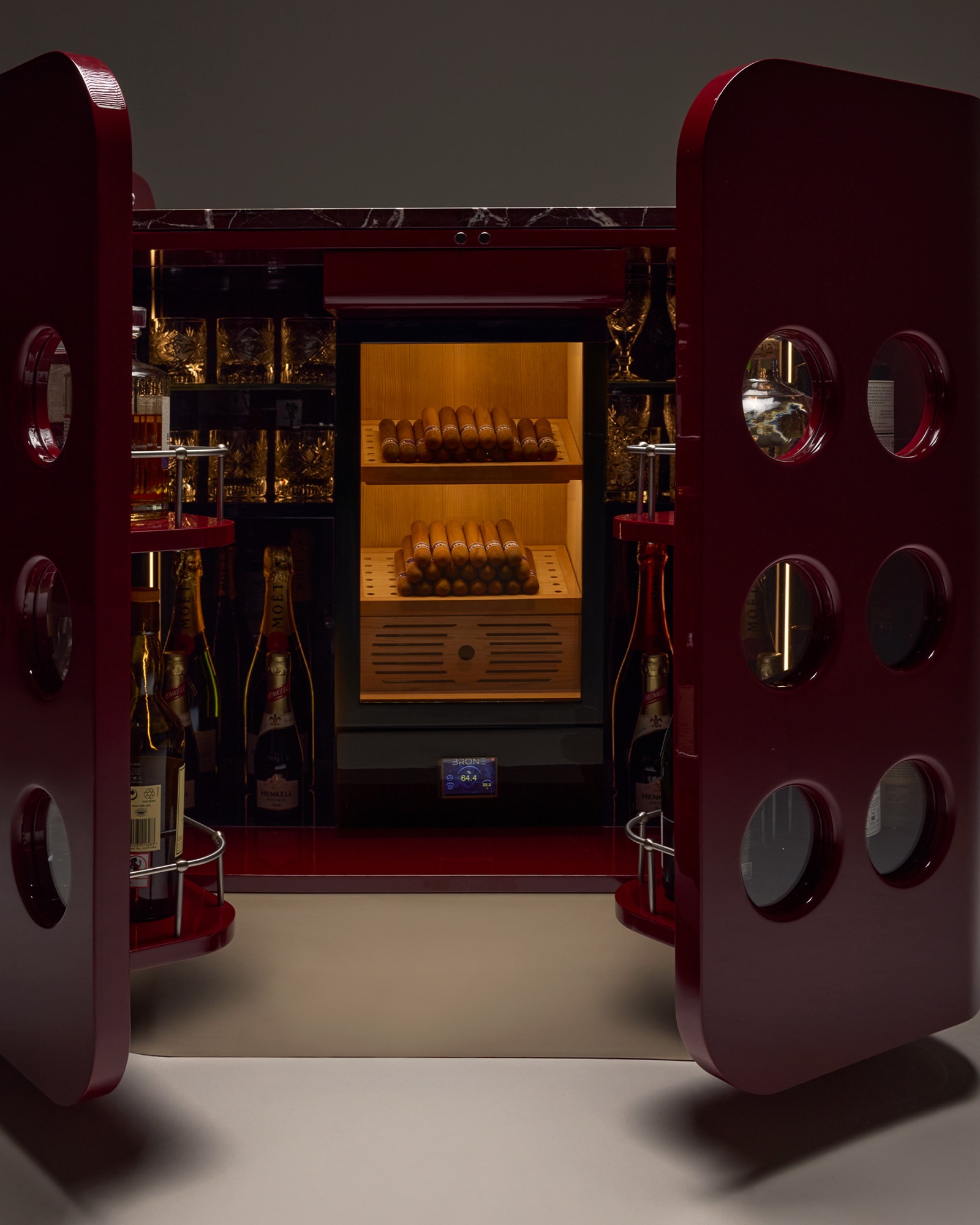 The Cuban Bar Cabinet, doors open, bar and humidor