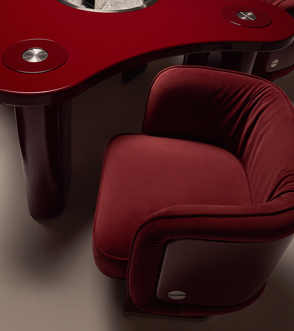 The Unifier Dining Chair and Armchair in bordeaux velvet, detail